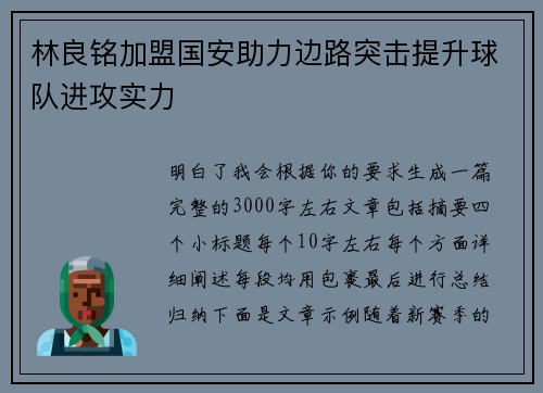 林良铭加盟国安助力边路突击提升球队进攻实力