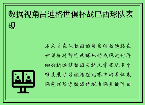 数据视角吕迪格世俱杯战巴西球队表现 数据视角吕迪格世俱杯战巴西球队表现